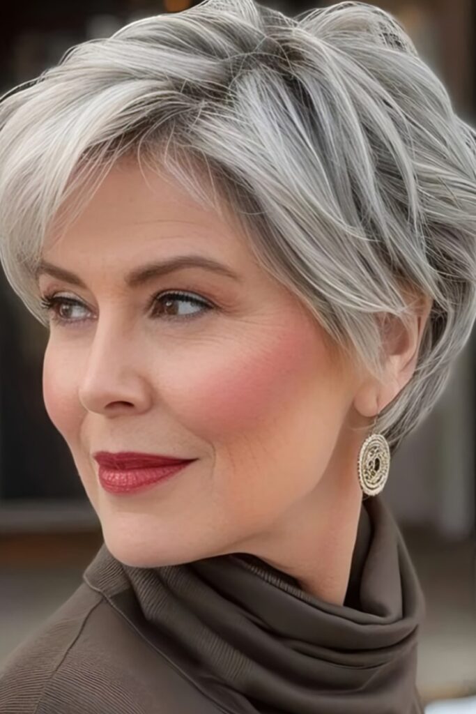 44. Voluminous Textured Silver Pixie with Soft Fringe