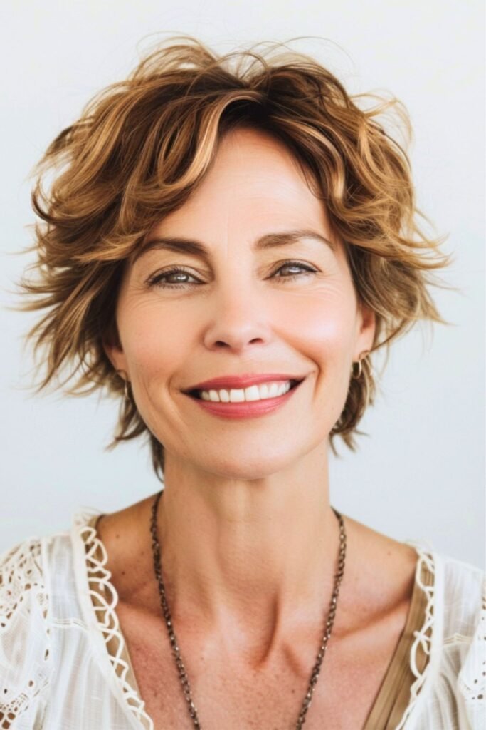 Warm Caramel Wavy Pixie with Sun-Kissed Highlights