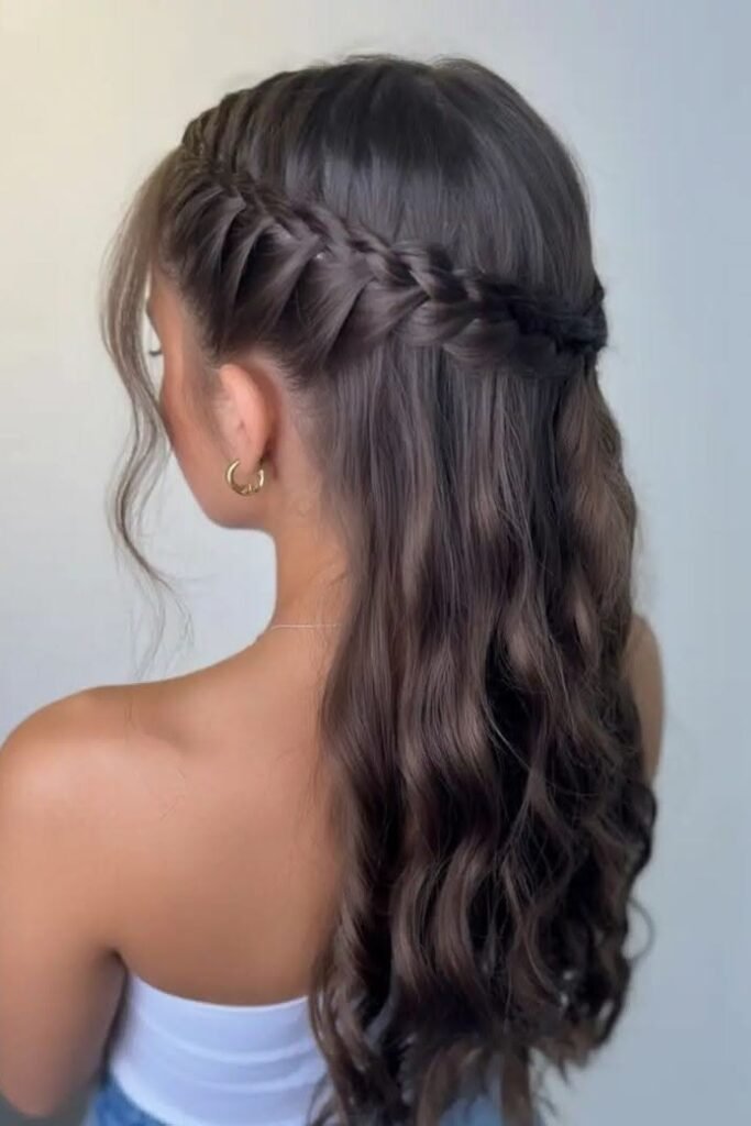 Waterfall Braid on Long Brunette Waves
