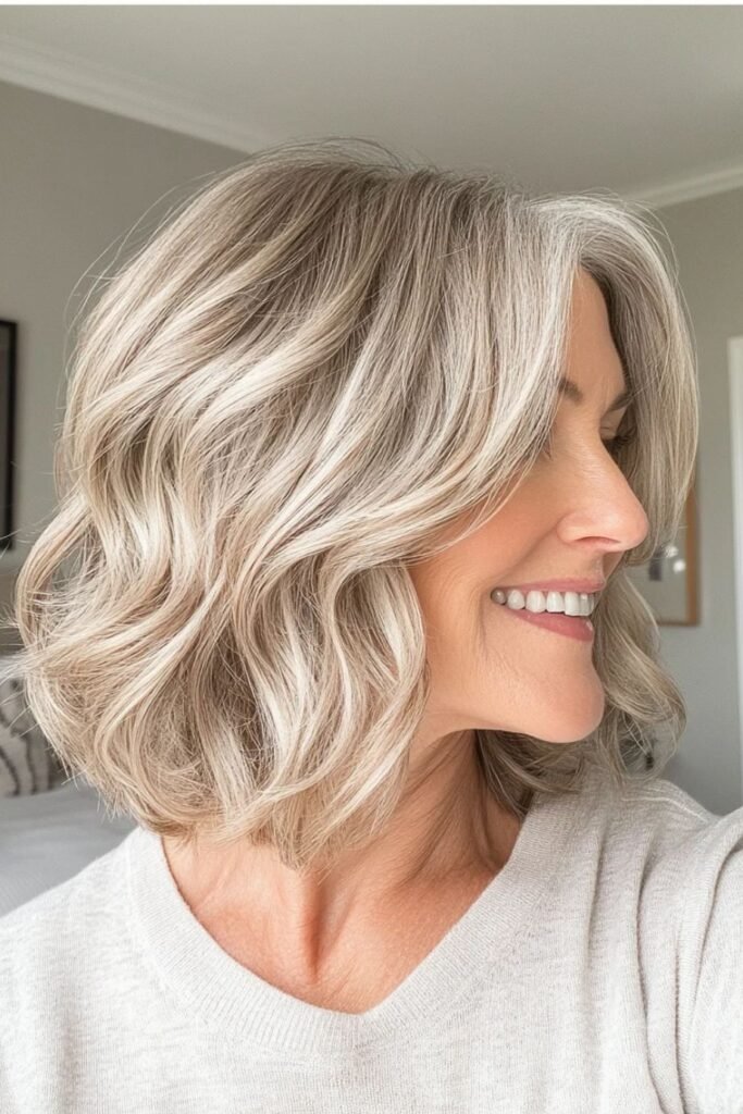 Wavy Ash Blonde Bob with Deep Side Sweep