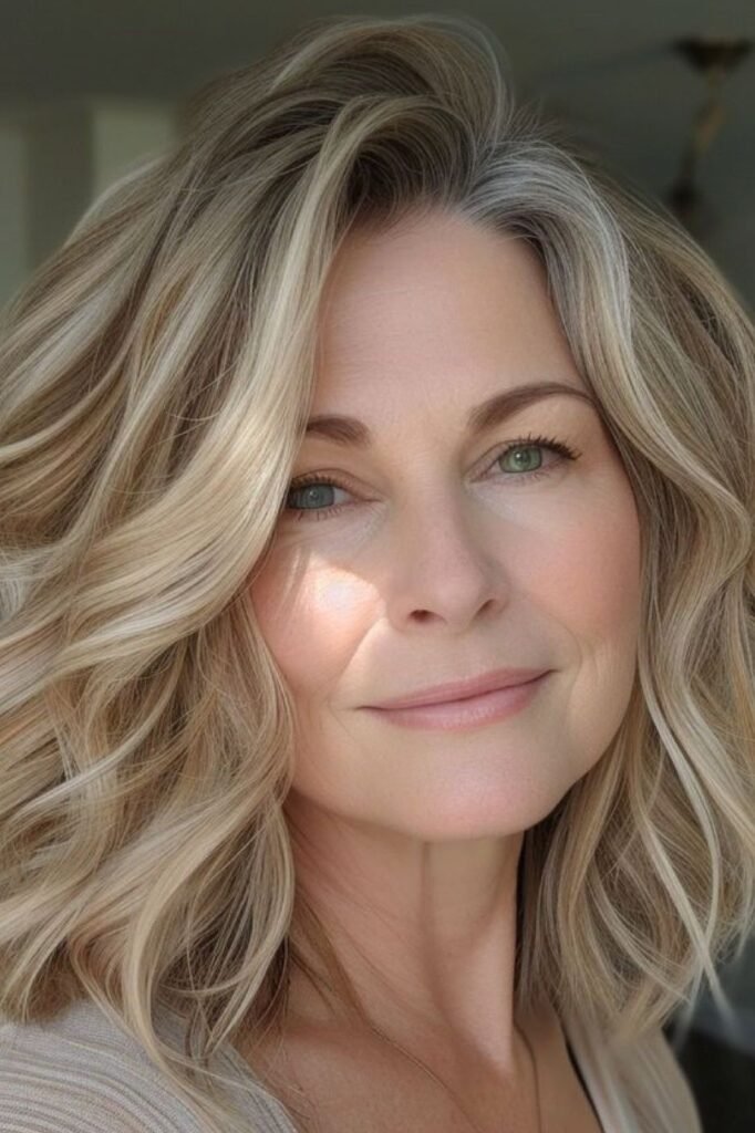 Wavy Honey Blonde Lob with Side-Swept Volume