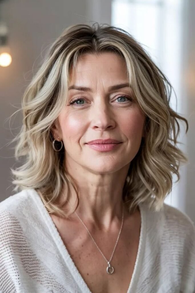 Wavy Honey Blonde Lob with Soft Curtain Bangs