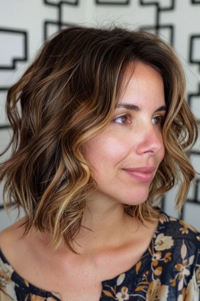 Wavy Layered Bob with Warm Honey Highlights