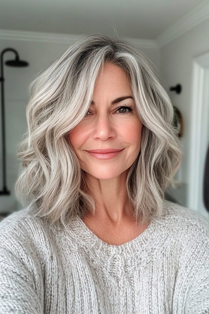 Wavy Lob with Center Part and Bright Silver Tones