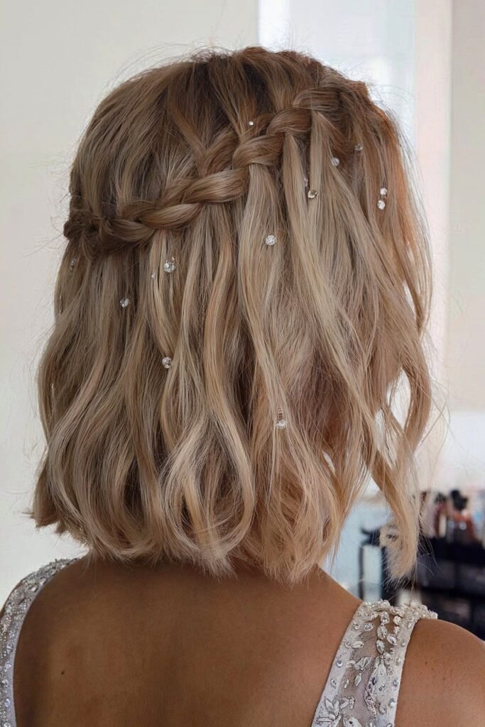 Wavy Lob with Waterfall Braid and Crystal Embellishments