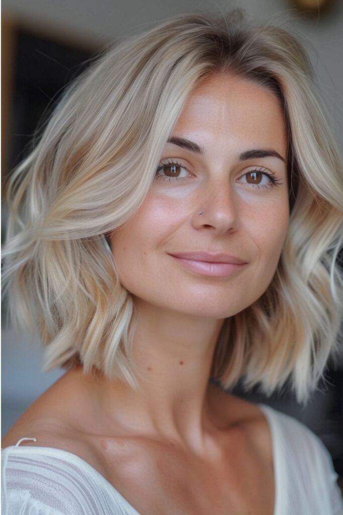 Wavy Platinum Blonde Bob with Soft Side Part