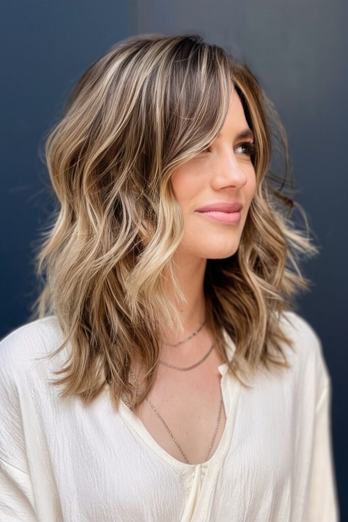 38. Wavy Shoulder Length Hair with Layered Curtain Bangs