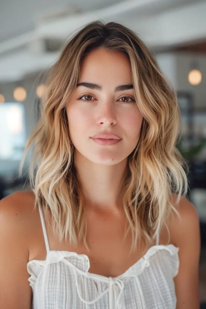 Wavy Shoulder-Length Lob with Honey Highlights