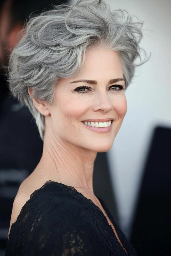 30. Wavy Silver Shaggy Pixie with Soft Voluminous Layers