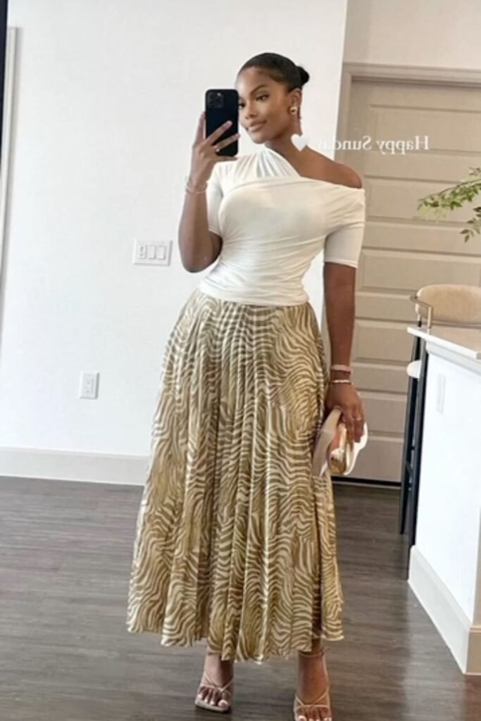 White Asymmetric Top + Zebra Print Pleated Skirt + Strappy Sandals