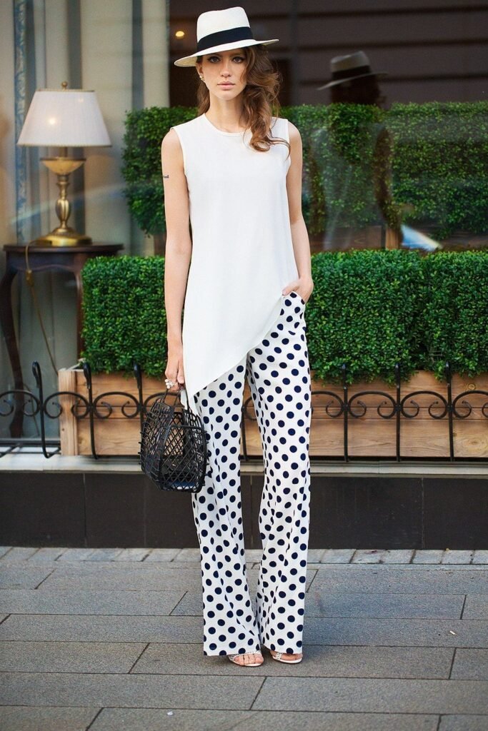 White Asymmetrical Sleeveless Tunic + White Polka Dot Flare Pants + White Straw Fedora
