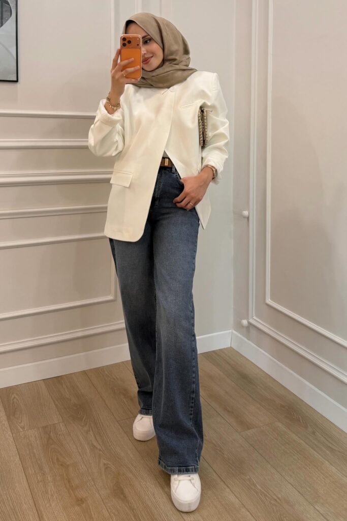 White Blazer + Blue Jeans + White Sneakers
