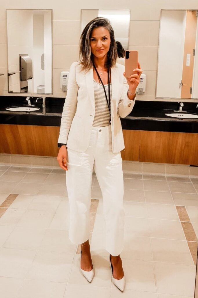 White Blazer + Striped Tank Top + White Cropped Trousers + White Pointed Heels