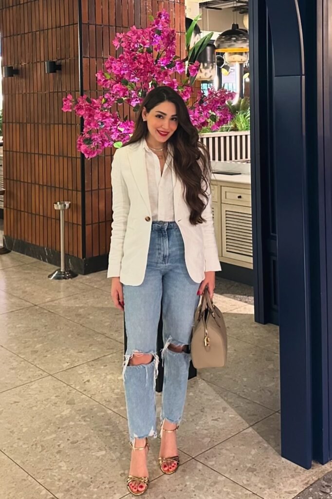 White Blazer + White Button Down Shirt + Ripped Light Wash Jeans + Gold Strappy Sandals