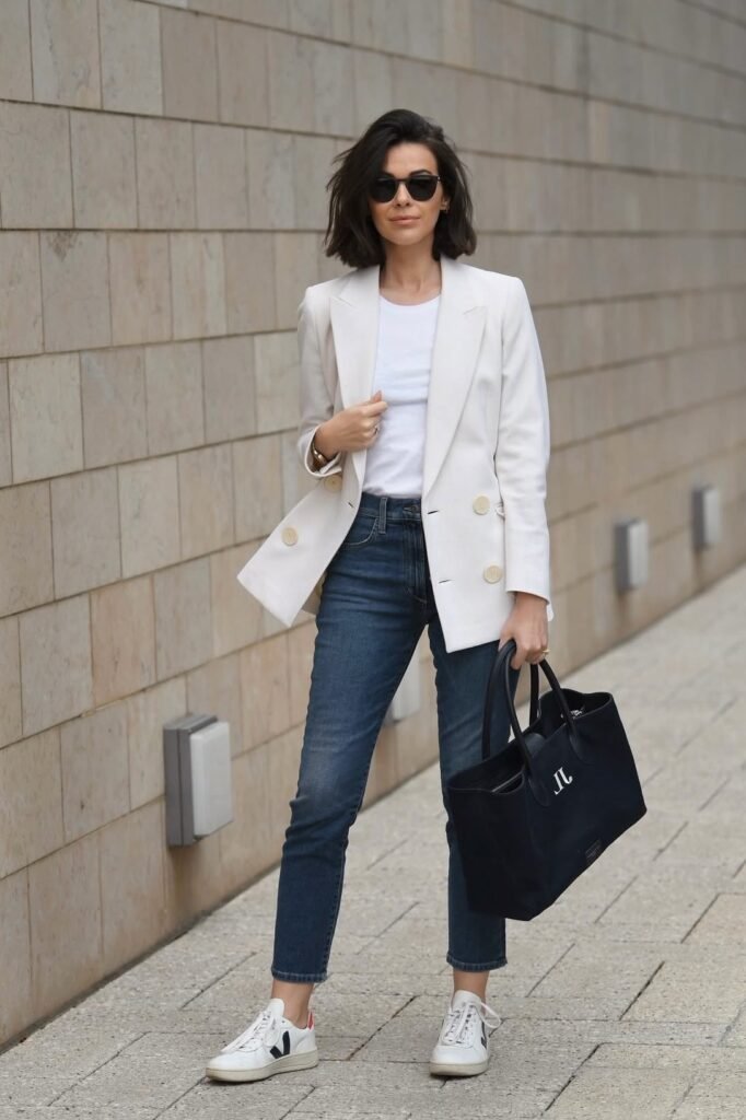 White Blazer + White T Shirt + Blue Jeans + White Sneakers