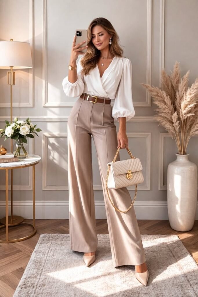 White Blouse + Beige Wide Leg Trousers + Beige Pumps
