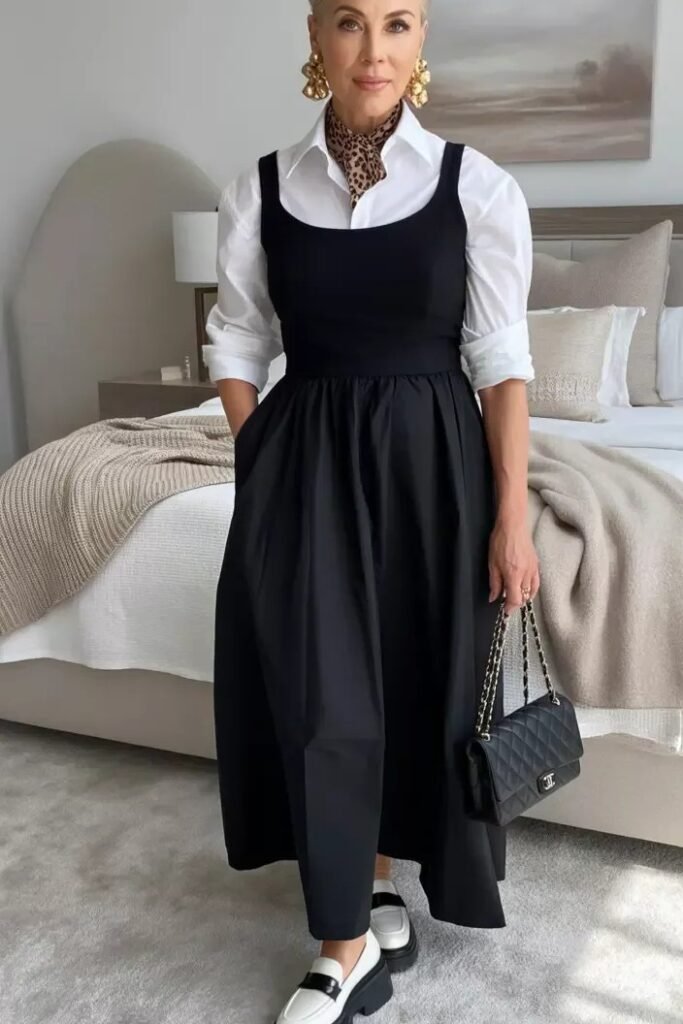 White Blouse + Black Sleeveless Dress + Two Tone Loafers