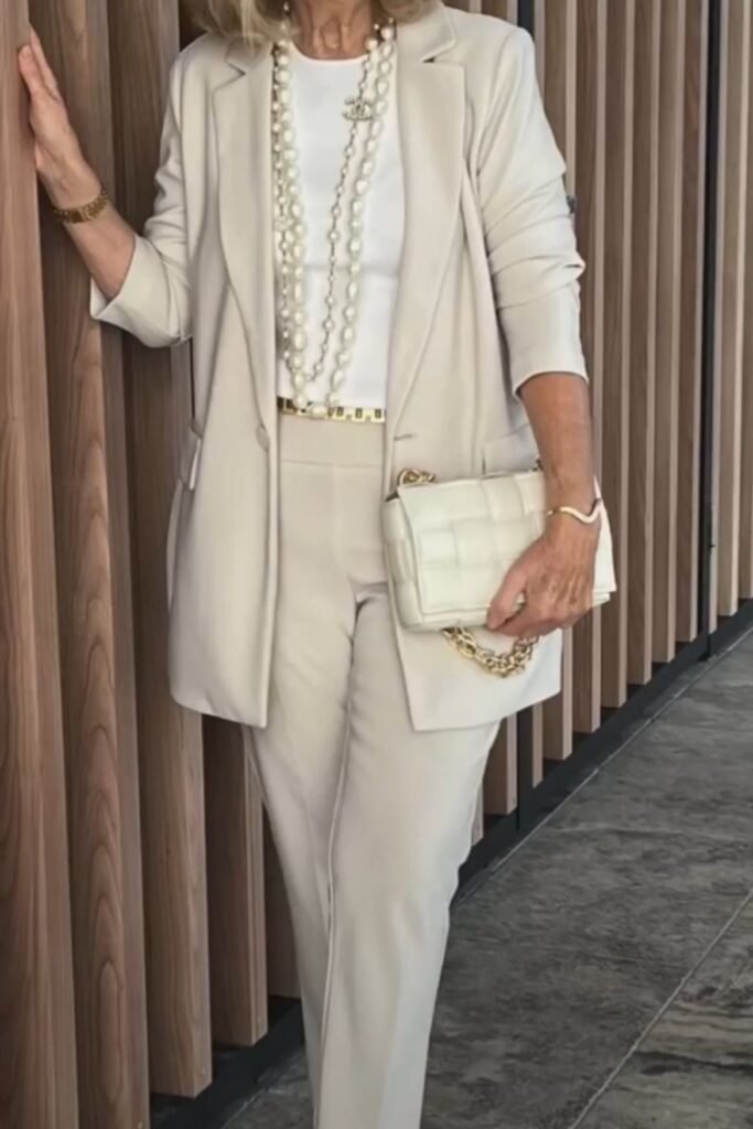 White Blouse + Cream Oversized Blazer + Cream Tailored Trousers
