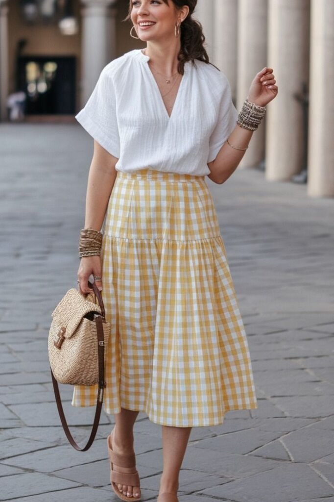  White Blouse + Yellow Gingham Skirt + Beige Sandals