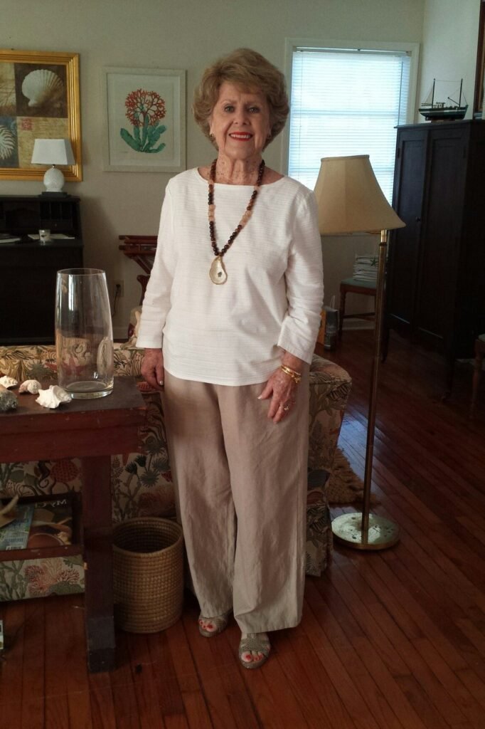 White Boat Neck Blouse + Beige Wide Leg Linen Pants + Grey Textured Sandals
