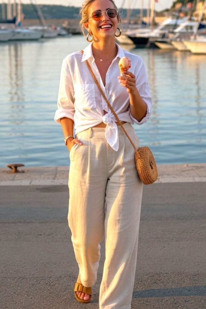White Button Down Shirt + Beige Linen Trousers + Tan Slides