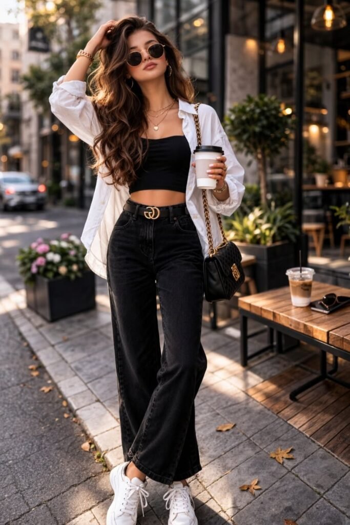 White Button Down Shirt + Black Crop Top + Black Flared Jeans + White Sneakers