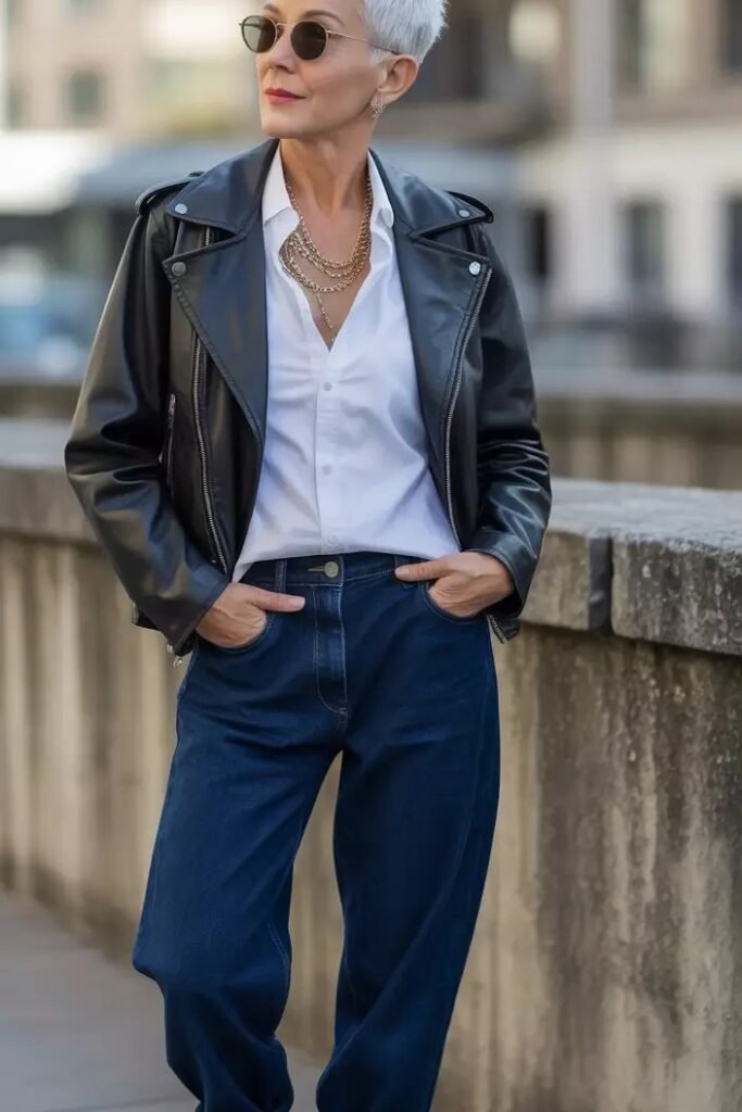 White Button Down Shirt + Black Leather Moto Jacket + Dark Wash Straight Leg Jeans + Gold Layered Necklaces