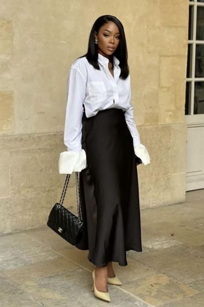 White Button Down Shirt + Black Silk Midi Skirt + Nude Heels