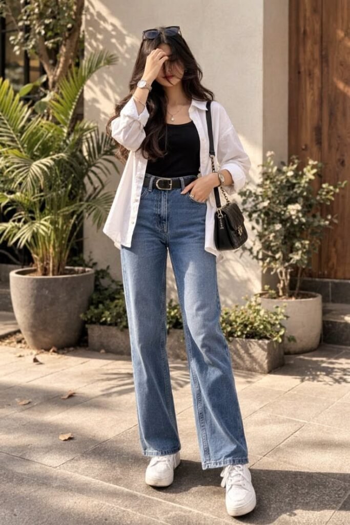 White Button Down Shirt + Black Tank Top + Medium Wash Wide Leg Jeans + White Sneakers