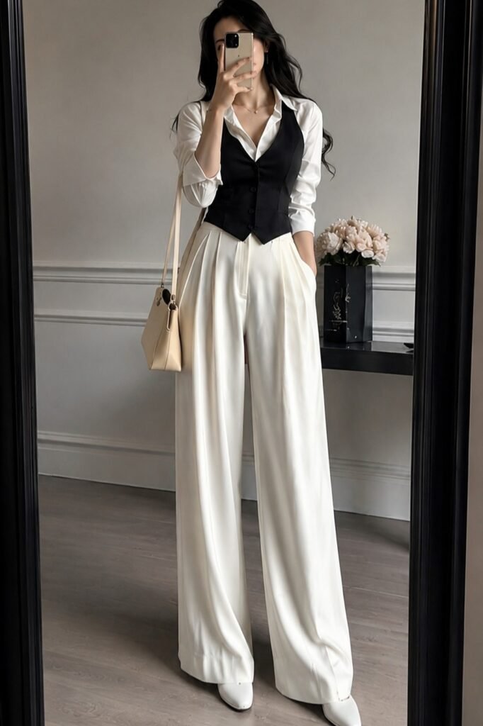 White Button Down Shirt + Black Vest + Wide Leg White Trousers + White Shoes