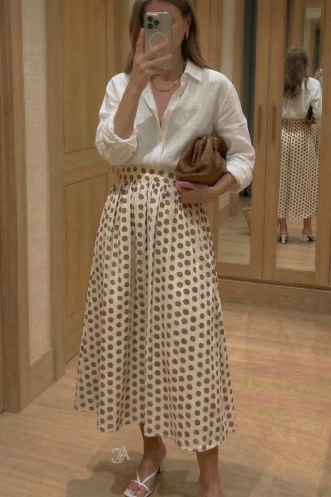 White Button-Down Shirt + Brown Polka Dot Maxi Skirt + White Strappy Sandals