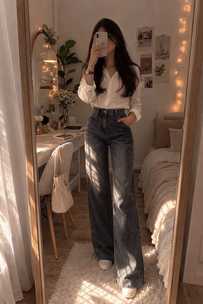 White Button Down Shirt + Dark Wash Wide Leg Jeans + White Sneakers