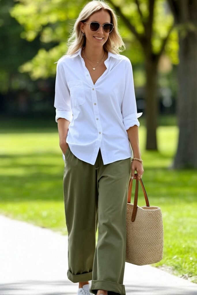 White Button Down Shirt + Olive Green Linen Trousers + White Sneakers