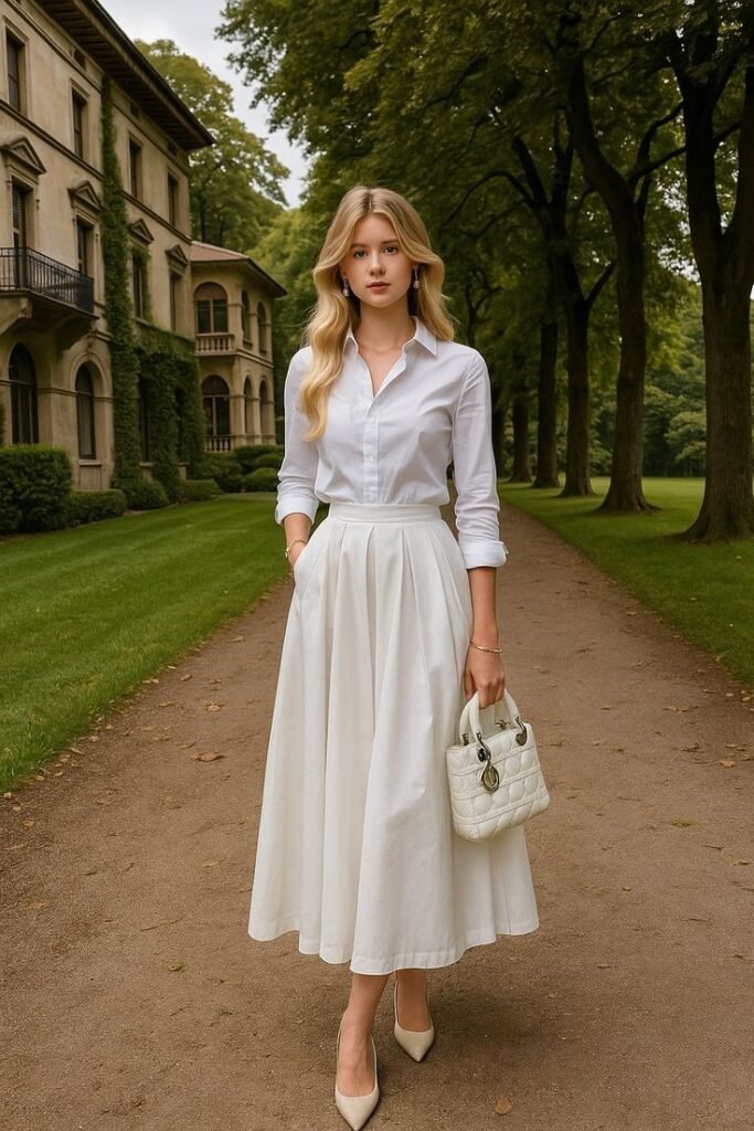 White Button Down Shirt + White Pleated Maxi Skirt + White Handbag