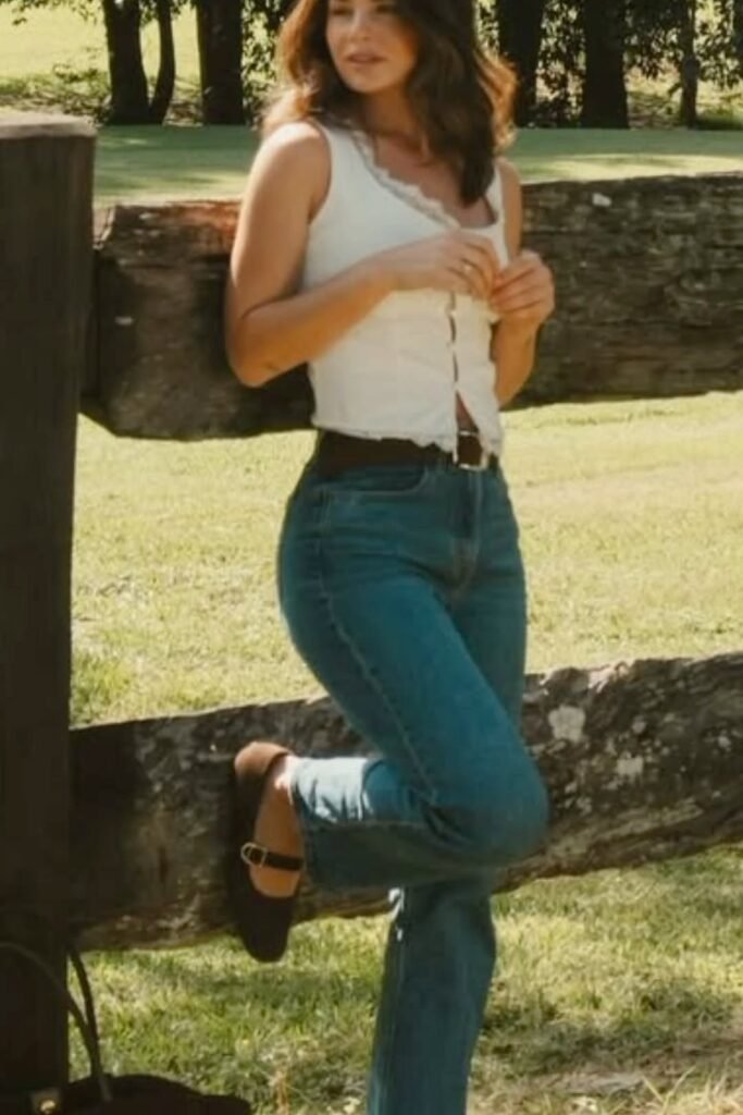 White Button-Up Tank + Dark Wash Straight Jeans + Black Mary Janes