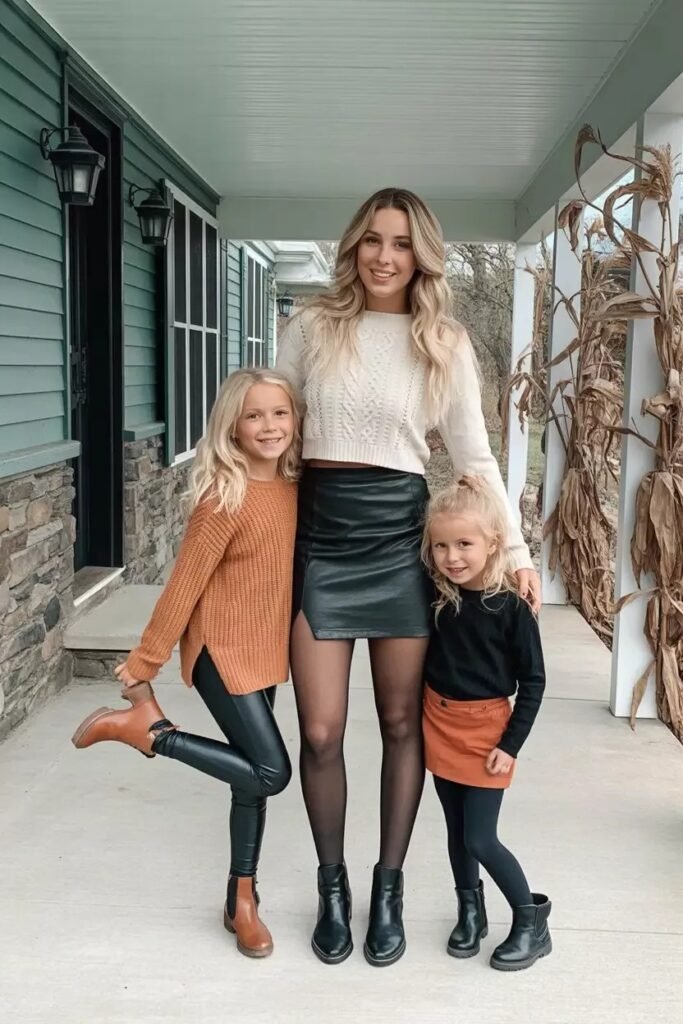 White Cable Knit Cropped Sweater + Black Leather Mini Skirt + Black Tights + Black Ankle Boots + Orange Knit Sweater + Black Faux Leather Leggings + Brown Ankle Boots + Black Long Sleeve Shirt + Orange Mini Skirt + Black Tights + Black Ankle Boots