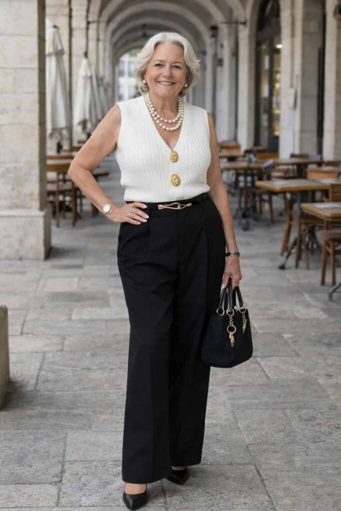 White Cable Knit V Neck Vest + Black High Waisted Wide Leg Trousers + Black Pointed Toe Heels