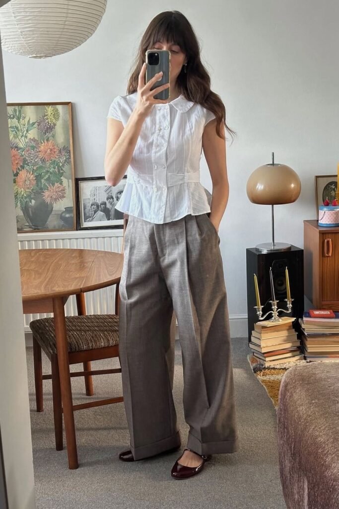 White Cap Sleeve Button Down Blouse + Grey Wide Leg Trousers + Burgundy Mary Jane Flats