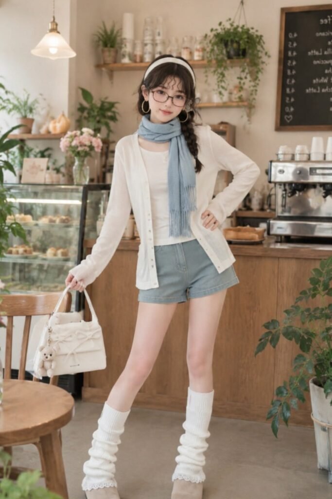 White Cardigan + Light Blue Denim Shorts + White Leg Warmers