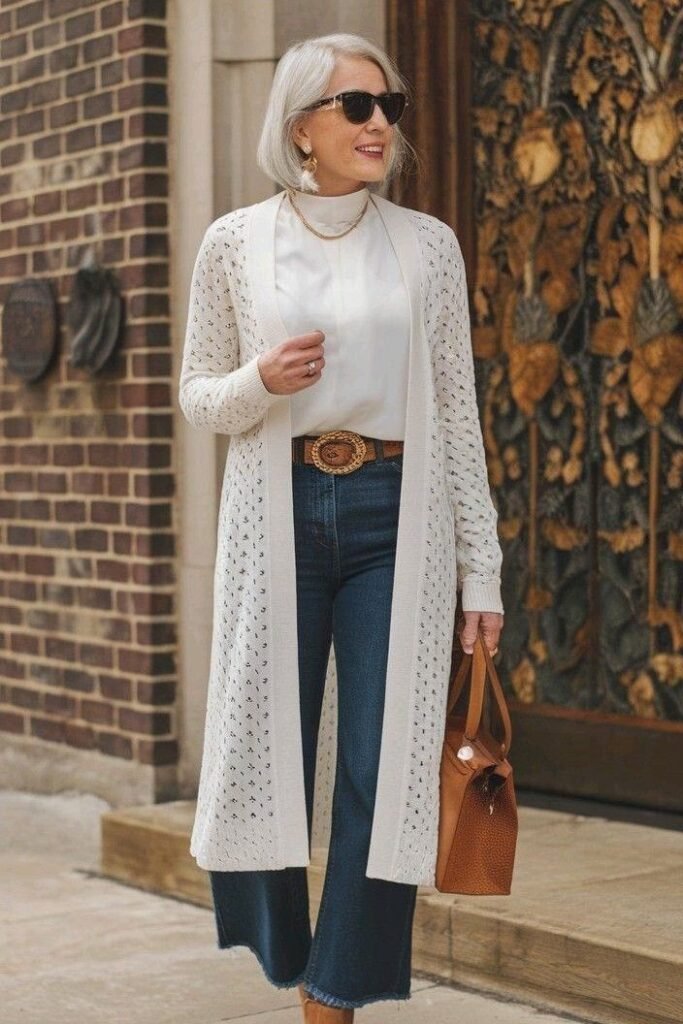 White Cardigan + White Turtleneck Top + Dark Blue Flared Jeans + Camel Boots