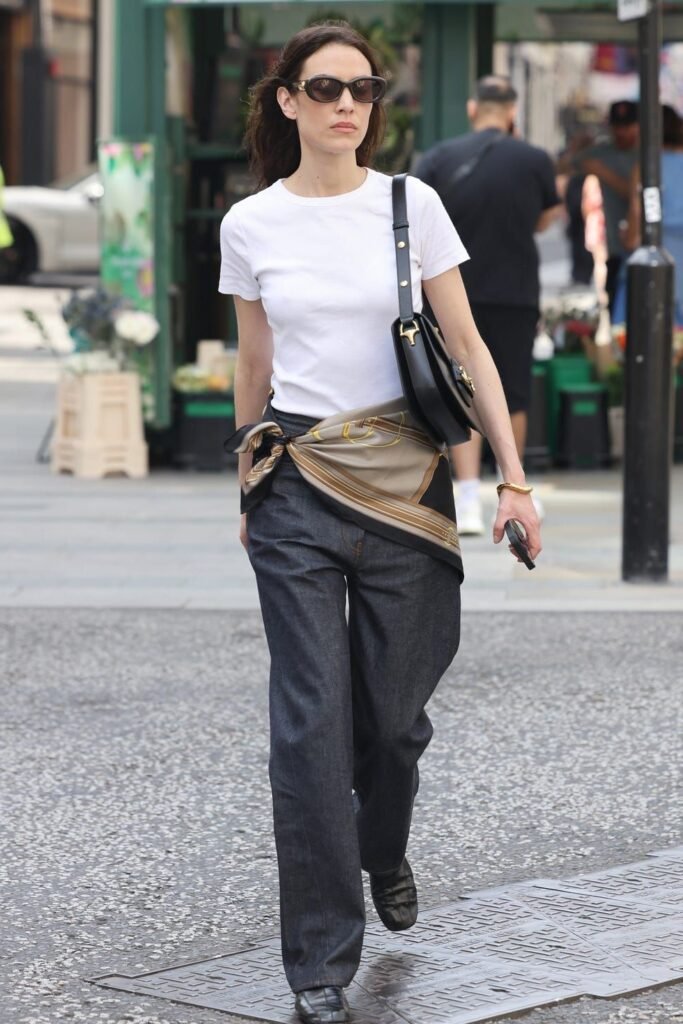 White Classic T-Shirt + Dark Wash Straight Jeans + Taupe Bordered Scarf Belt