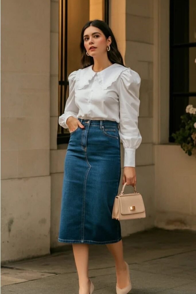 White Collared Blouse + Denim Pencil Skirt + Beige Handbag