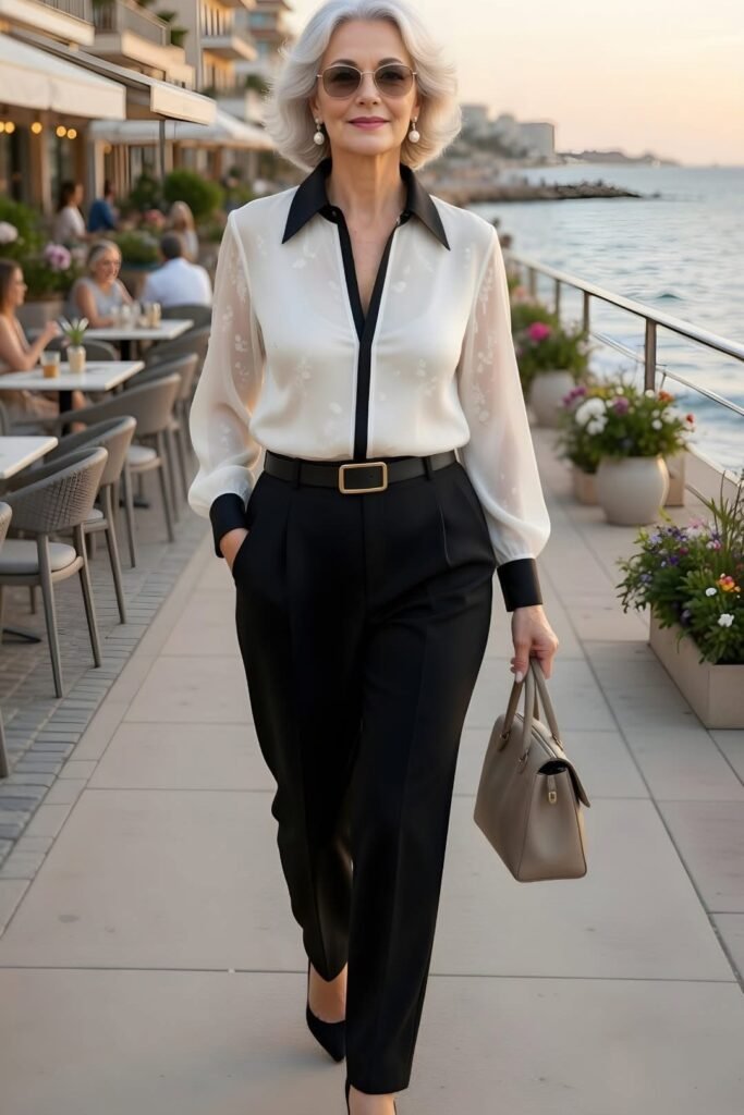 White Contrast Trim Chiffon Blouse + Black High Waisted Trousers + Black Pumps