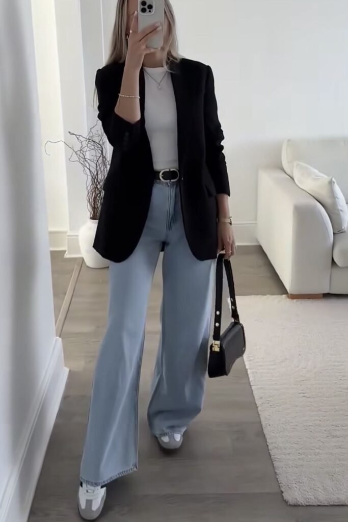 White Crewneck T Shirt + Black Blazer + Light Wash Wide Leg Jeans + Grey and White Sneakers