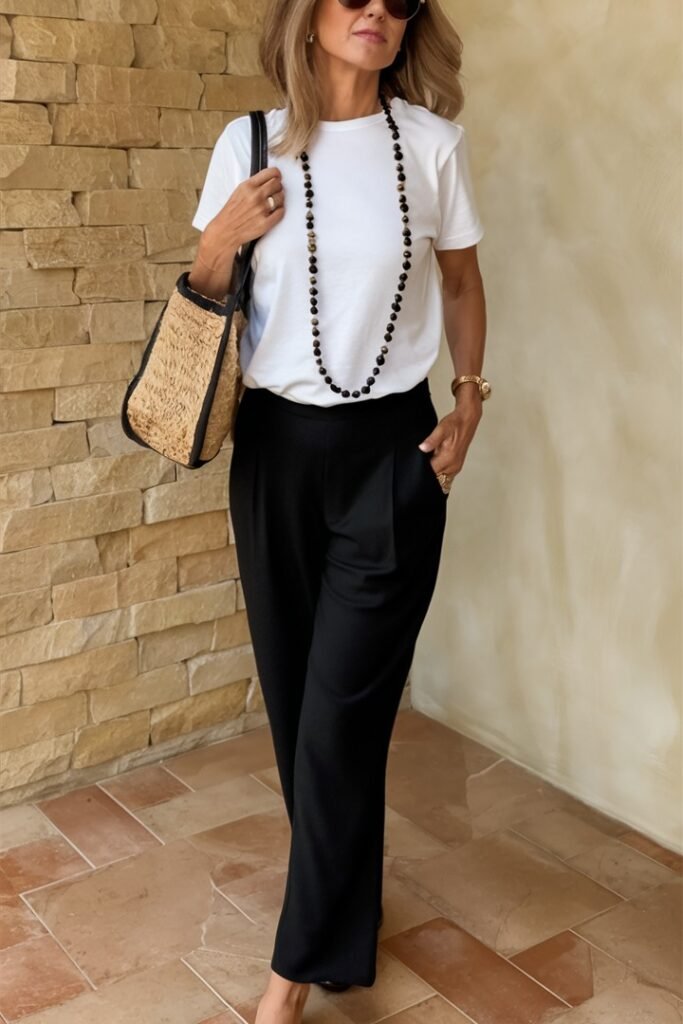 White Crewneck T Shirt + Black Wide Leg Trousers + Straw Tote Bag