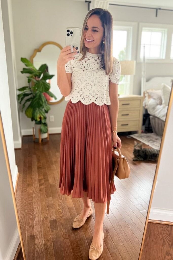 White Crochet Top + Terracotta Pleated Midi Skirt + Tan Flats