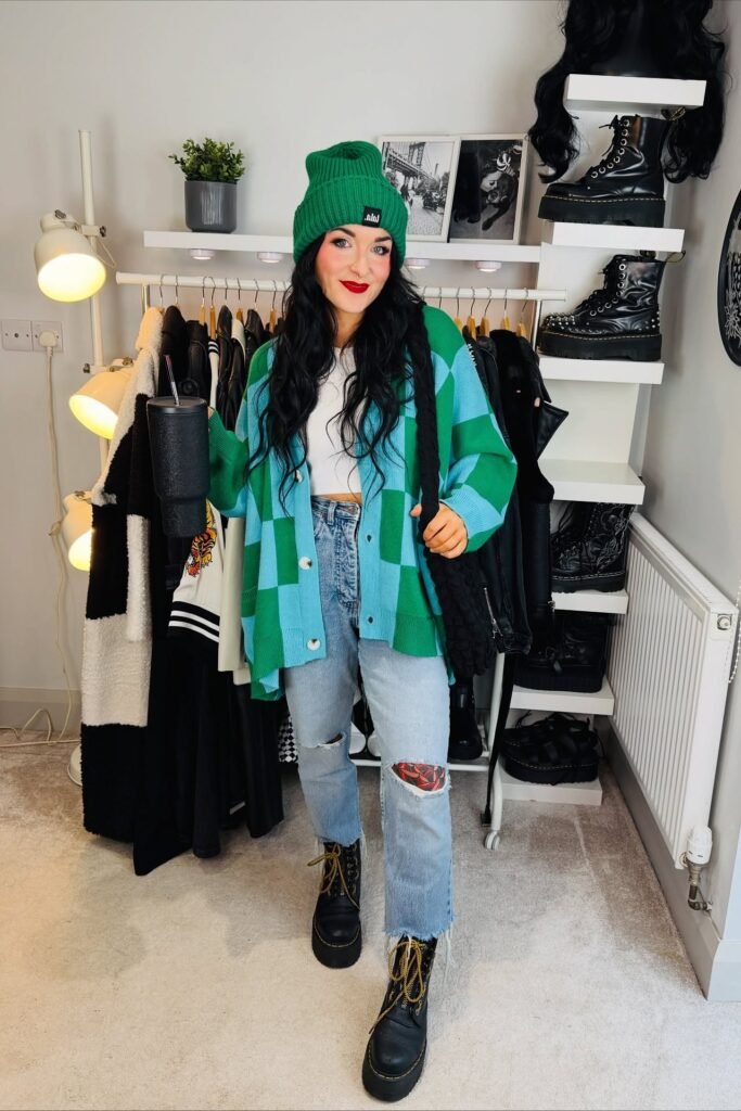 White Crop Top + Green and Blue Checkered Cardigan + Light Wash Ripped Jeans + Black Platform Combat Boots