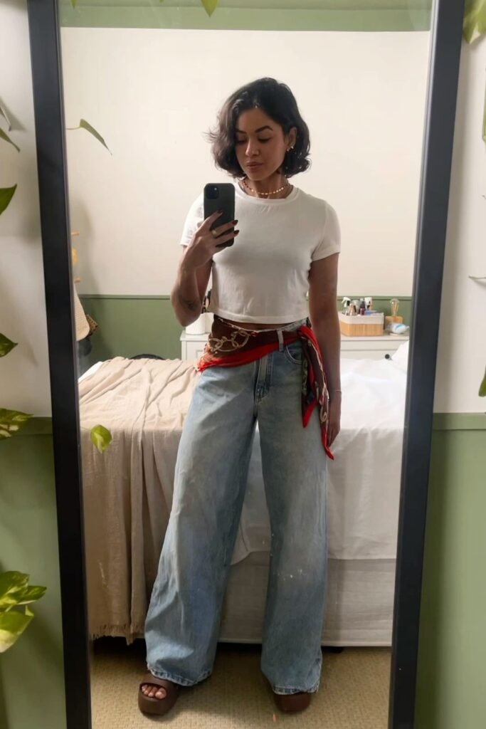White Crop Top + Red Chain Link Waist Scarf + Light Wash Baggy Jeans + Brown Platform Sandals