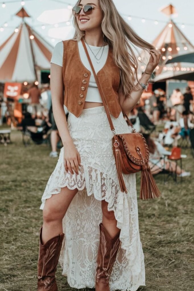 White Crop Top + Suede Vest + Lace Maxi Skirt + Cowboy Boots