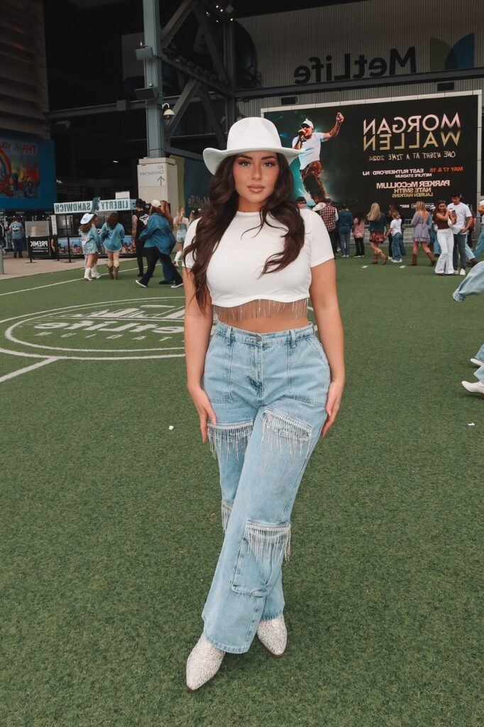 White Crop Top with Rhinestone Fringe + Rhinestone Embellished Cargo Jeans + Sparkly Cowboy Boots